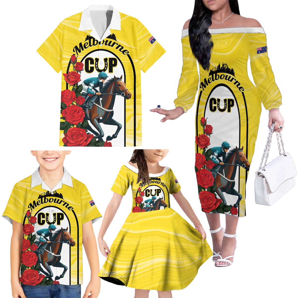 Personalised Melbourne Horse Racing Family Matching Off The Shoulder Long Sleeve Dress and Hawaiian Shirt The Race That Stops The Nation - Wonder Print Shop