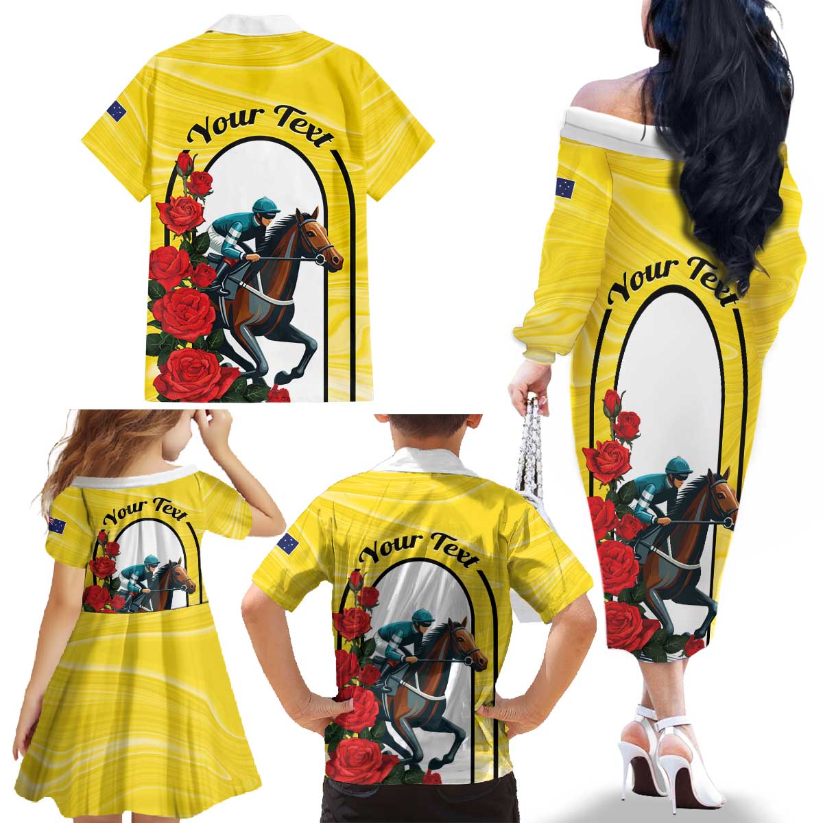 Personalised Melbourne Horse Racing Family Matching Off The Shoulder Long Sleeve Dress and Hawaiian Shirt The Race That Stops The Nation - Wonder Print Shop