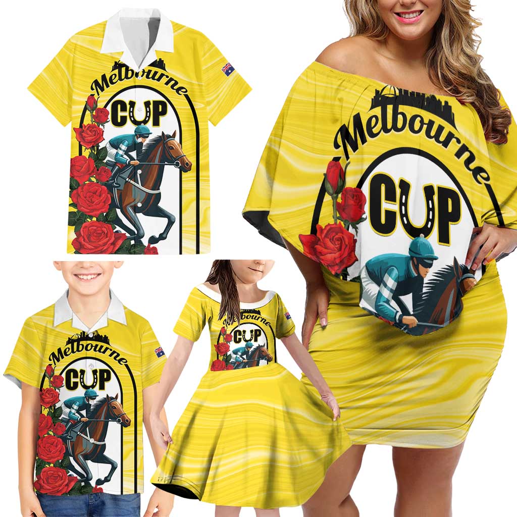 Personalised Melbourne Horse Racing Family Matching Off Shoulder Short Dress and Hawaiian Shirt The Race That Stops The Nation - Wonder Print Shop