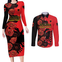 Personalised Albania Eagle Couples Matching Long Sleeve Bodycon Dress and Long Sleeve Button Shirt Red Poppy Flowers - Wonder Print Shop