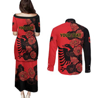 Personalised Albania Eagle Couples Matching Puletasi and Long Sleeve Button Shirt Red Poppy Flowers - Wonder Print Shop