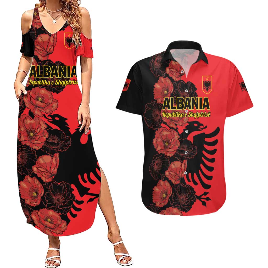 Personalised Albania Eagle Couples Matching Summer Maxi Dress and Hawaiian Shirt Red Poppy Flowers - Wonder Print Shop