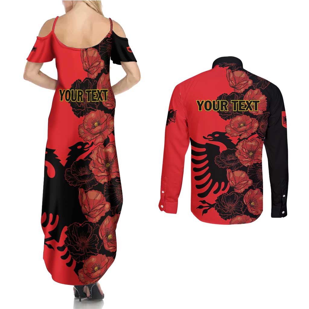 Personalised Albania Eagle Couples Matching Summer Maxi Dress and Long Sleeve Button Shirt Red Poppy Flowers - Wonder Print Shop