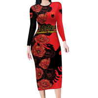 Personalised Albania Eagle Long Sleeve Bodycon Dress Red Poppy Flowers - Wonder Print Shop