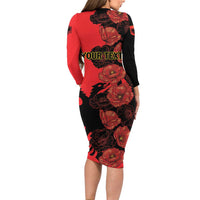 Personalised Albania Eagle Long Sleeve Bodycon Dress Red Poppy Flowers - Wonder Print Shop