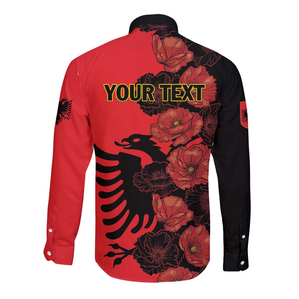 Personalised Albania Eagle Long Sleeve Button Shirt Red Poppy Flowers - Wonder Print Shop