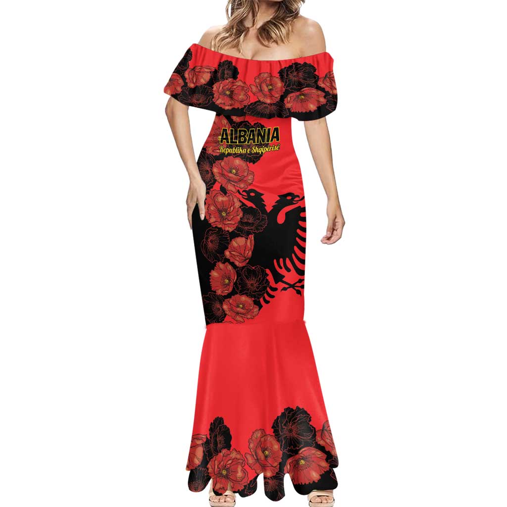 Personalised Albania Eagle Mermaid Dress Red Poppy Flowers - Wonder Print Shop