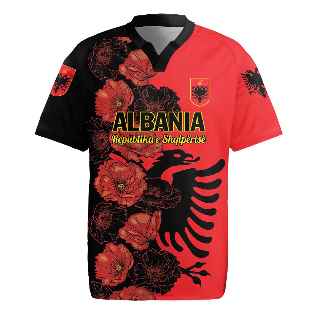 Personalised Albania Eagle Rugby Jersey Red Poppy Flowers - Wonder Print Shop