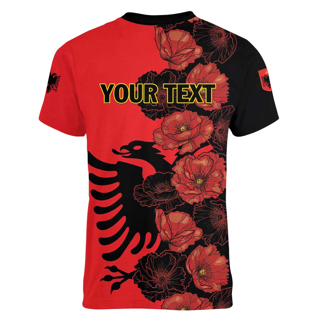 Personalised Albania Eagle Women V-Neck T-Shirt Red Poppy Flowers - Wonder Print Shop