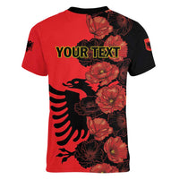 Personalised Albania Eagle Women V-Neck T-Shirt Red Poppy Flowers - Wonder Print Shop