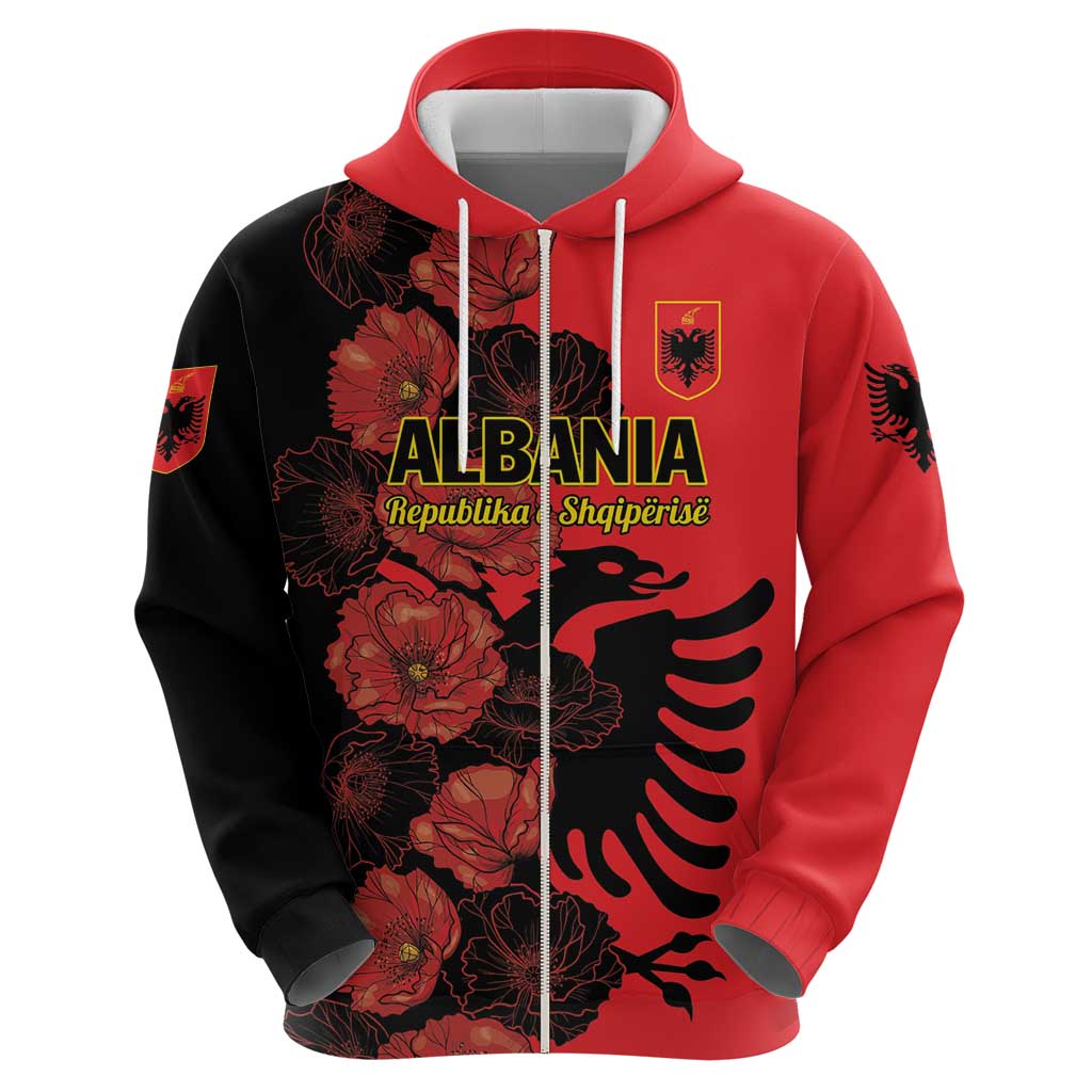 Personalised Albania Eagle Zip Hoodie Red Poppy Flowers - Wonder Print Shop
