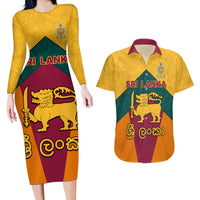 Sri Lanka Independence Day Couples Matching Long Sleeve Bodycon Dress and Hawaiian Shirt Golden Lion Sinha Flag Style - Wonder Print Shop