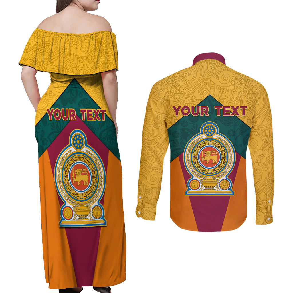 Sri Lanka Independence Day Couples Matching Off Shoulder Maxi Dress and Long Sleeve Button Shirt Golden Lion Sinha Flag Style - Wonder Print Shop