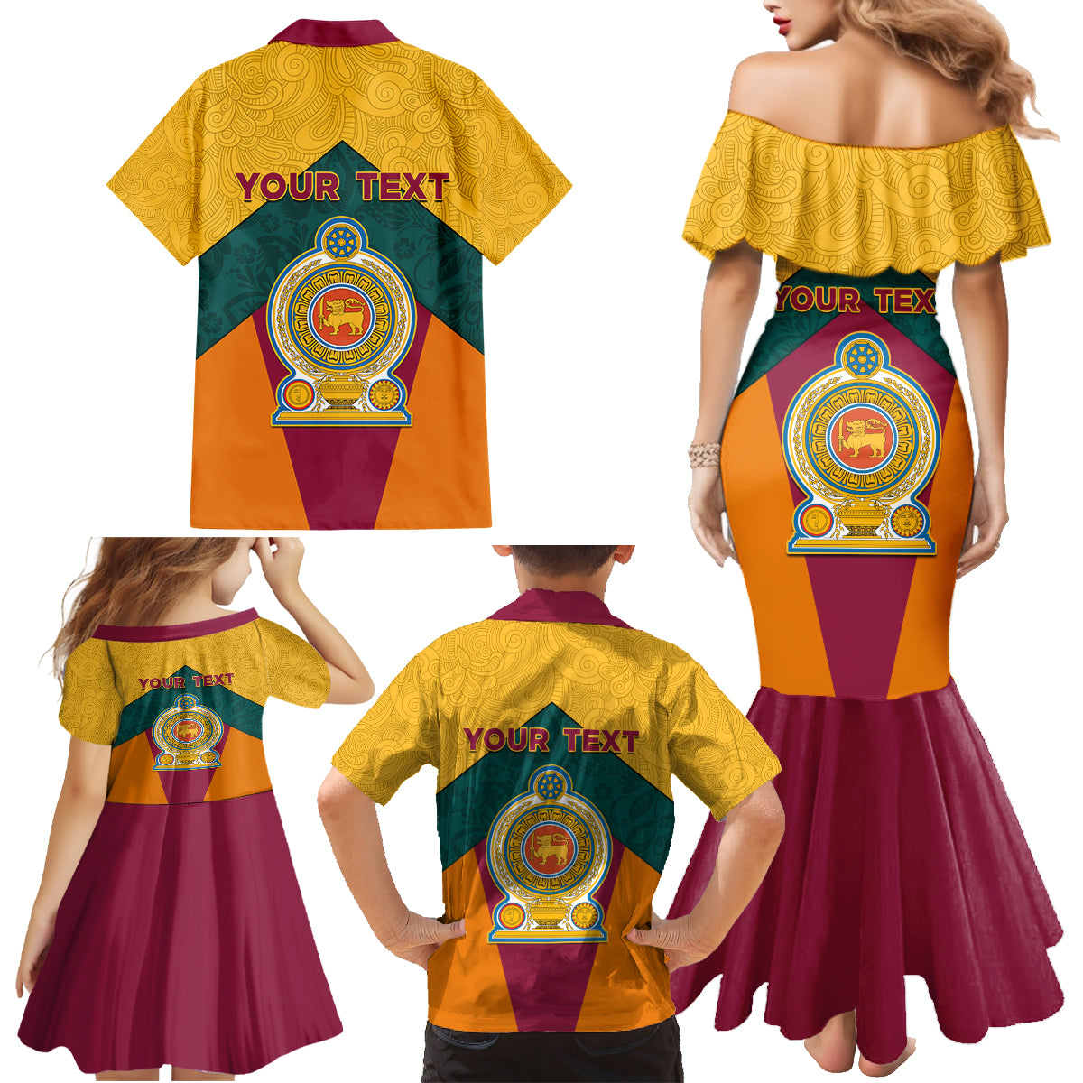 Sri Lanka Independence Day Family Matching Mermaid Dress and Hawaiian Shirt Golden Lion Sinha Flag Style - Wonder Print Shop