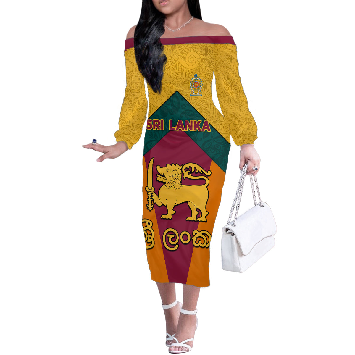 Sri Lanka Independence Day Family Matching Off Shoulder Long Sleeve Dress and Hawaiian Shirt Golden Lion Sinha Flag Style - Wonder Print Shop