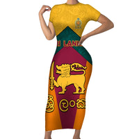 Sri Lanka Independence Day Short Sleeve Bodycon Dress Golden Lion Sinha Flag Style - Wonder Print Shop