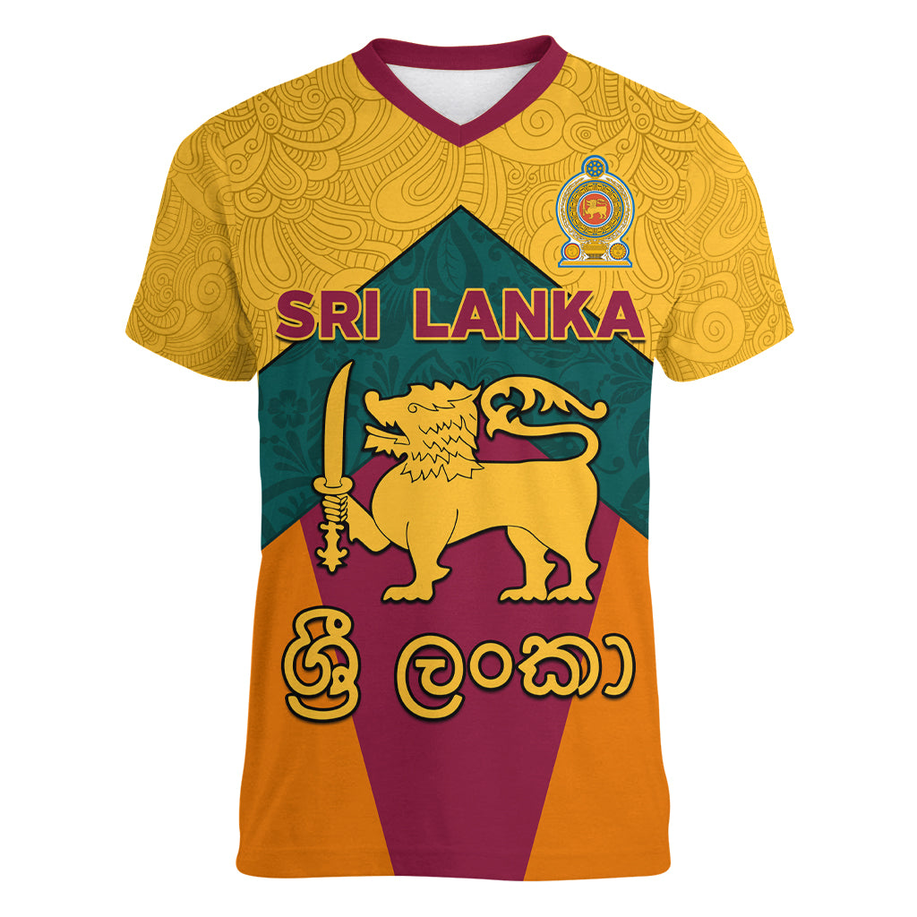 Sri Lanka Independence Day Women V Neck T Shirt Golden Lion Sinha Flag Style - Wonder Print Shop