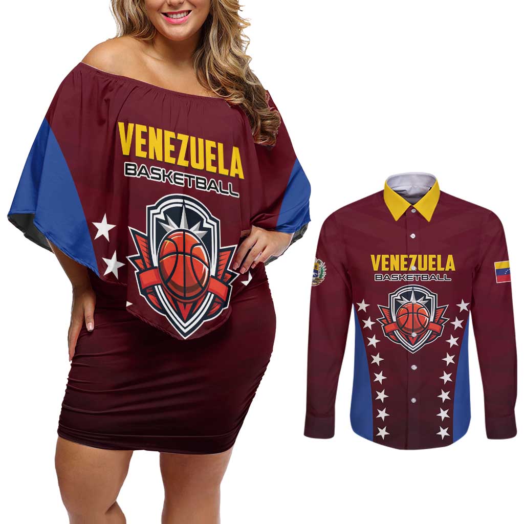 Venezuela Basketball Custom Couples Matching Off Shoulder Short Dress and Long Sleeve Button Shirt La Vinotinto de las alturas