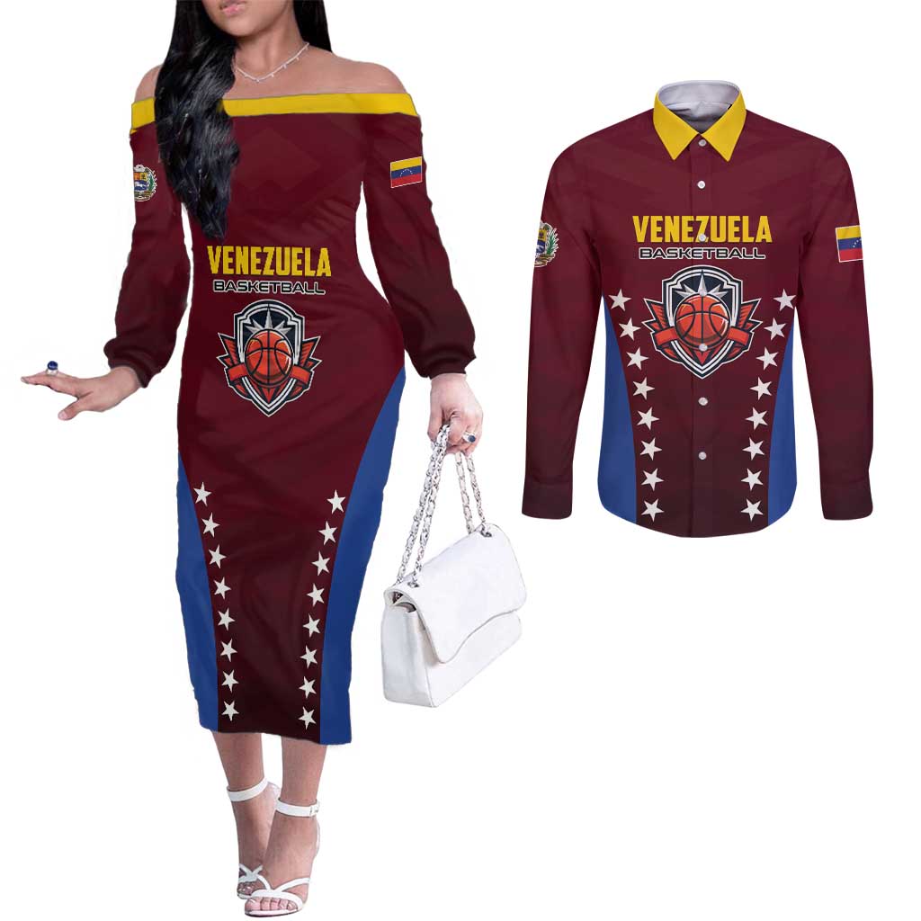 Venezuela Basketball Custom Couples Matching Off The Shoulder Long Sleeve Dress and Long Sleeve Button Shirt La Vinotinto de las alturas