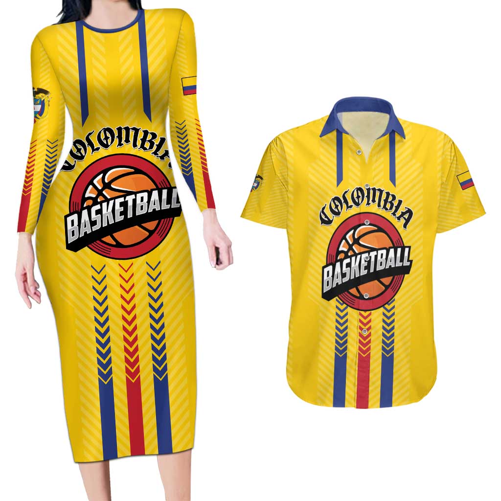Colombia Basketball Custom Couples Matching Long Sleeve Bodycon Dress and Hawaiian Shirt Vamos Colombiana