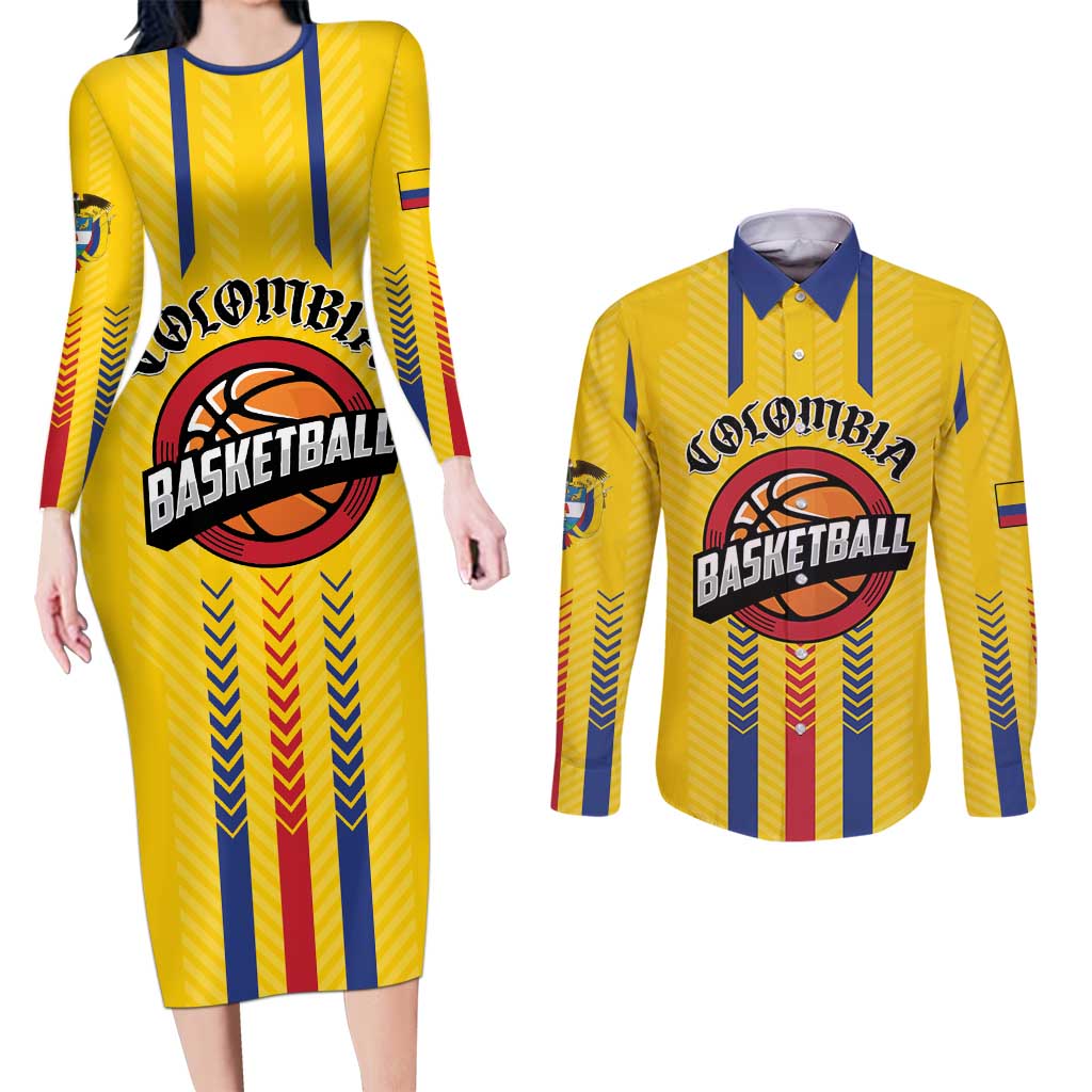 Colombia Basketball Custom Couples Matching Long Sleeve Bodycon Dress and Long Sleeve Button Shirt Vamos Colombiana