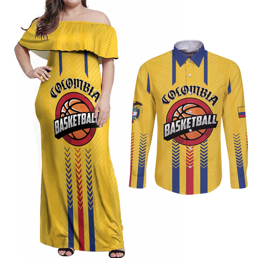 Colombia Basketball Custom Couples Matching Off Shoulder Maxi Dress and Long Sleeve Button Shirt Vamos Colombiana