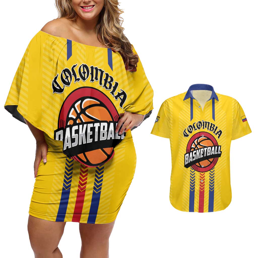 Colombia Basketball Custom Couples Matching Off Shoulder Short Dress and Hawaiian Shirt Vamos Colombiana