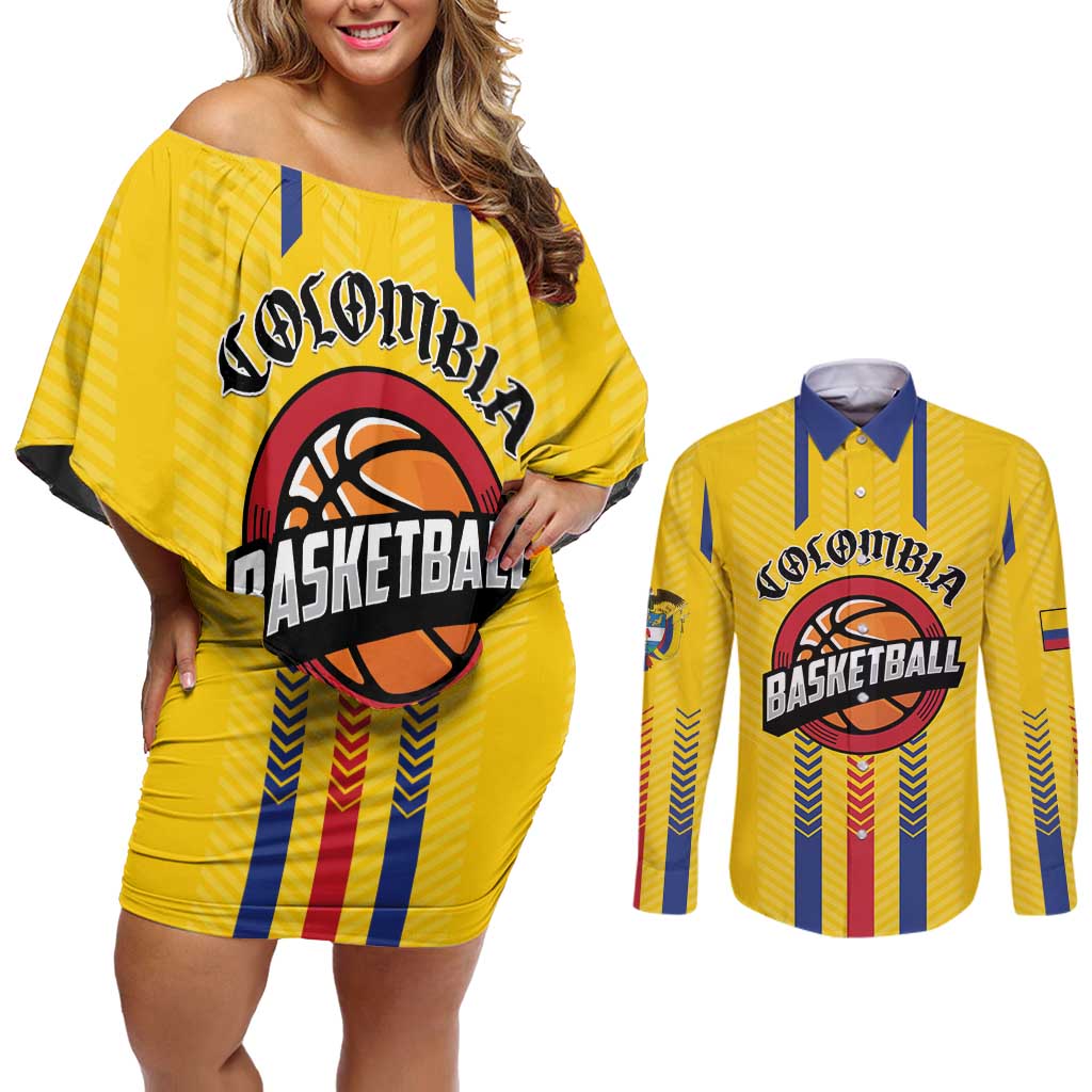 Colombia Basketball Custom Couples Matching Off Shoulder Short Dress and Long Sleeve Button Shirt Vamos Colombiana