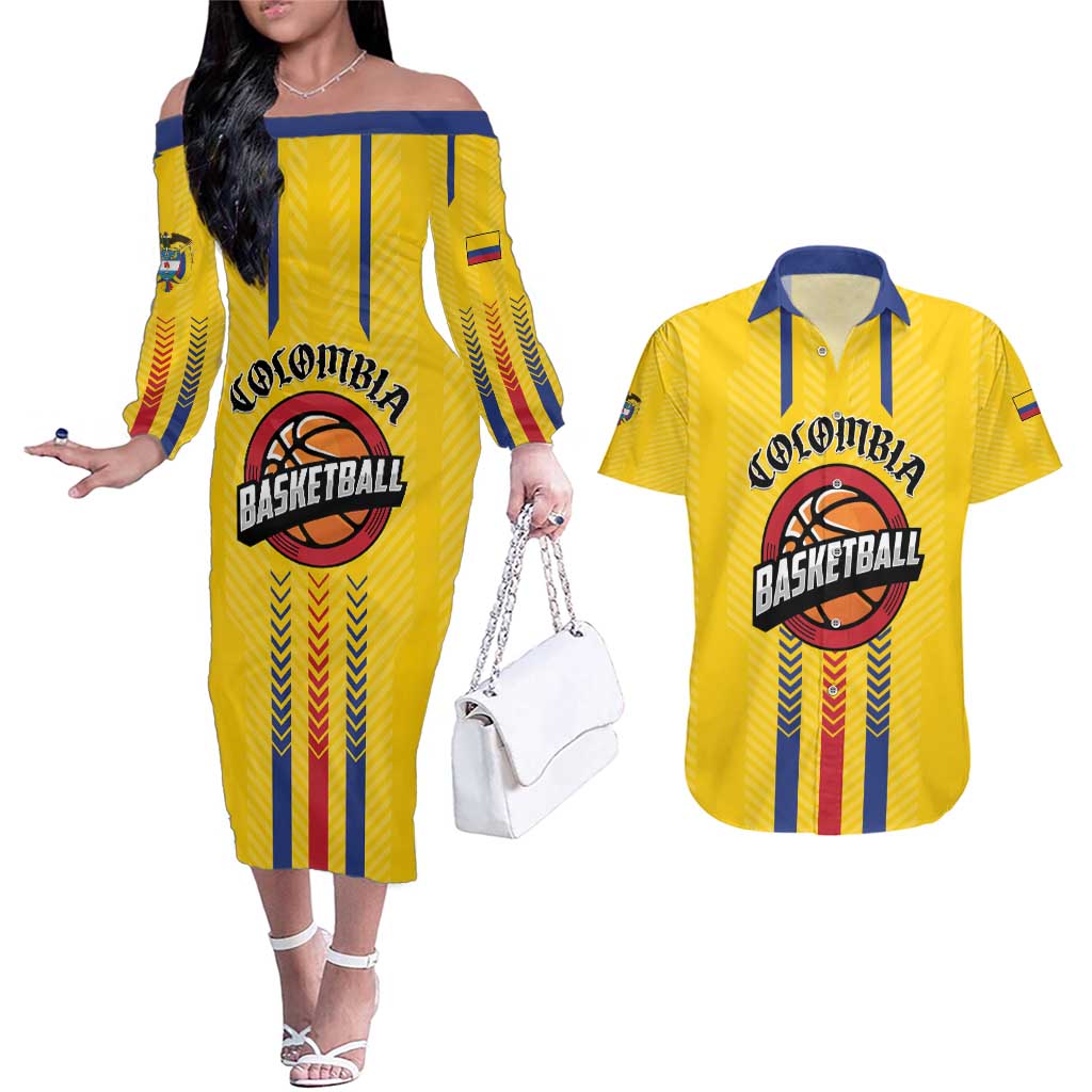 Colombia Basketball Custom Couples Matching Off The Shoulder Long Sleeve Dress and Hawaiian Shirt Vamos Colombiana