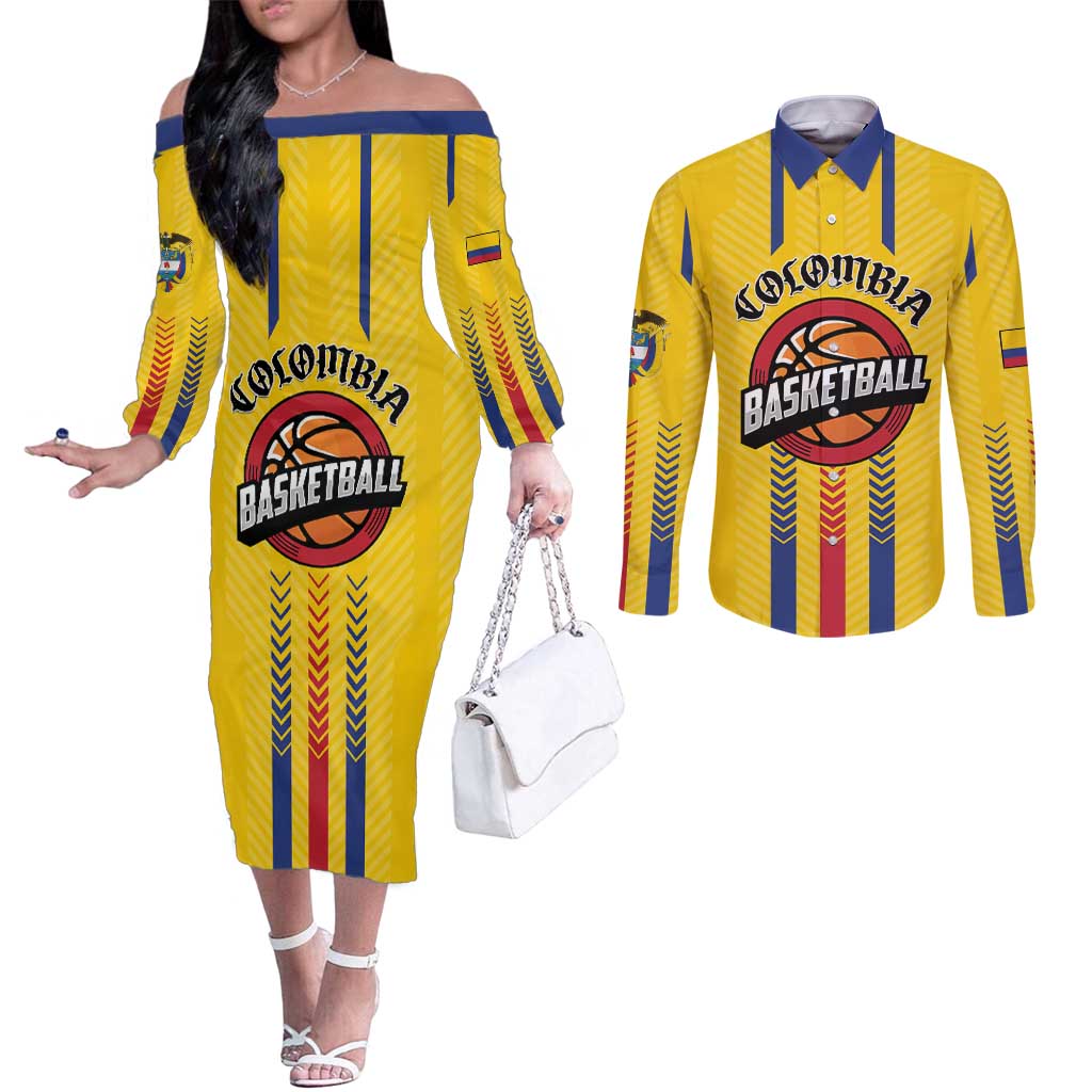Colombia Basketball Custom Couples Matching Off The Shoulder Long Sleeve Dress and Long Sleeve Button Shirt Vamos Colombiana
