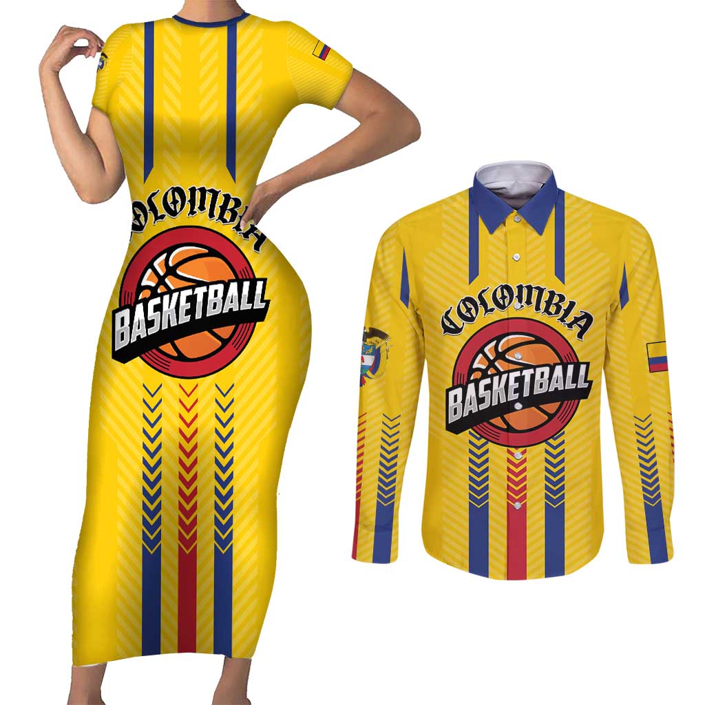 Colombia Basketball Custom Couples Matching Short Sleeve Bodycon Dress and Long Sleeve Button Shirt Vamos Colombiana