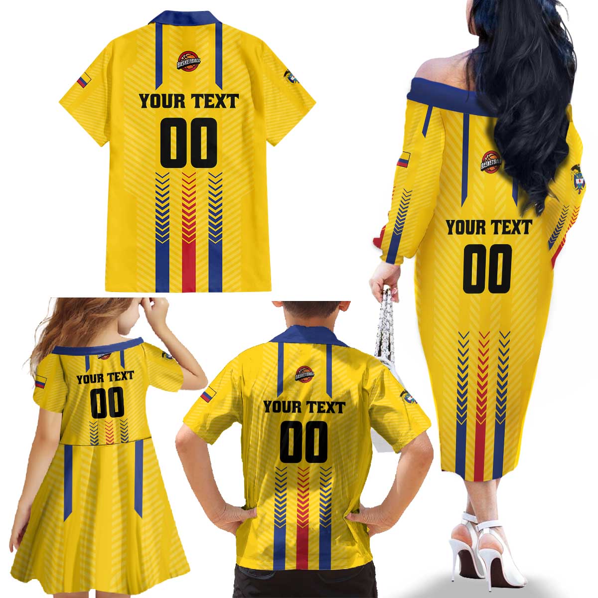 Colombia Basketball Custom Family Matching Off The Shoulder Long Sleeve Dress and Hawaiian Shirt Vamos Colombiana