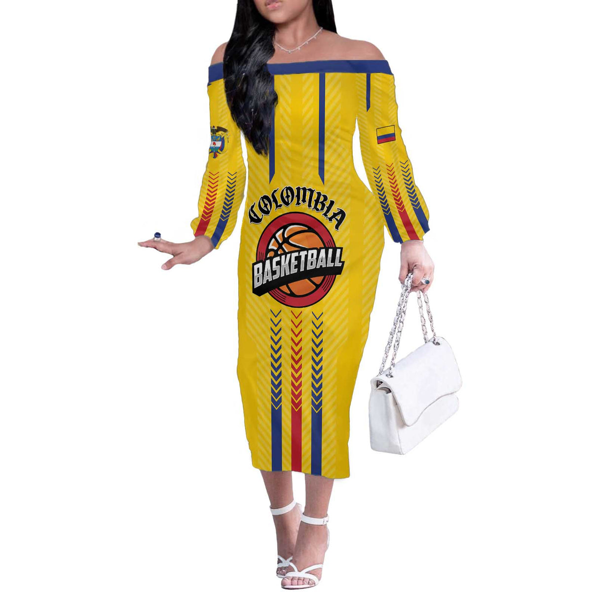 Colombia Basketball Custom Off The Shoulder Long Sleeve Dress Vamos Colombiana