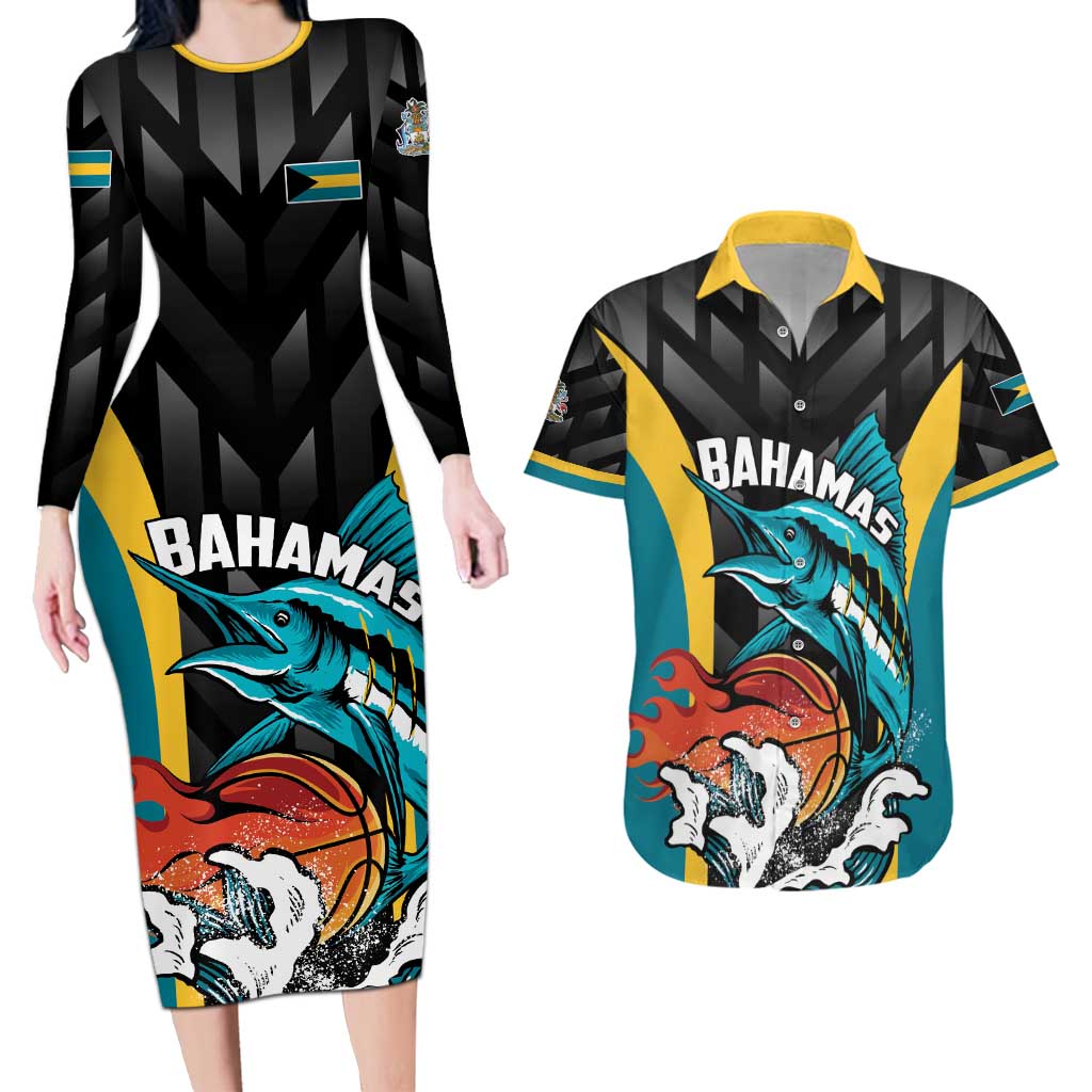 Bahamas Basketball Custom Couples Matching Long Sleeve Bodycon Dress and Hawaiian Shirt Team Bahamas Come On