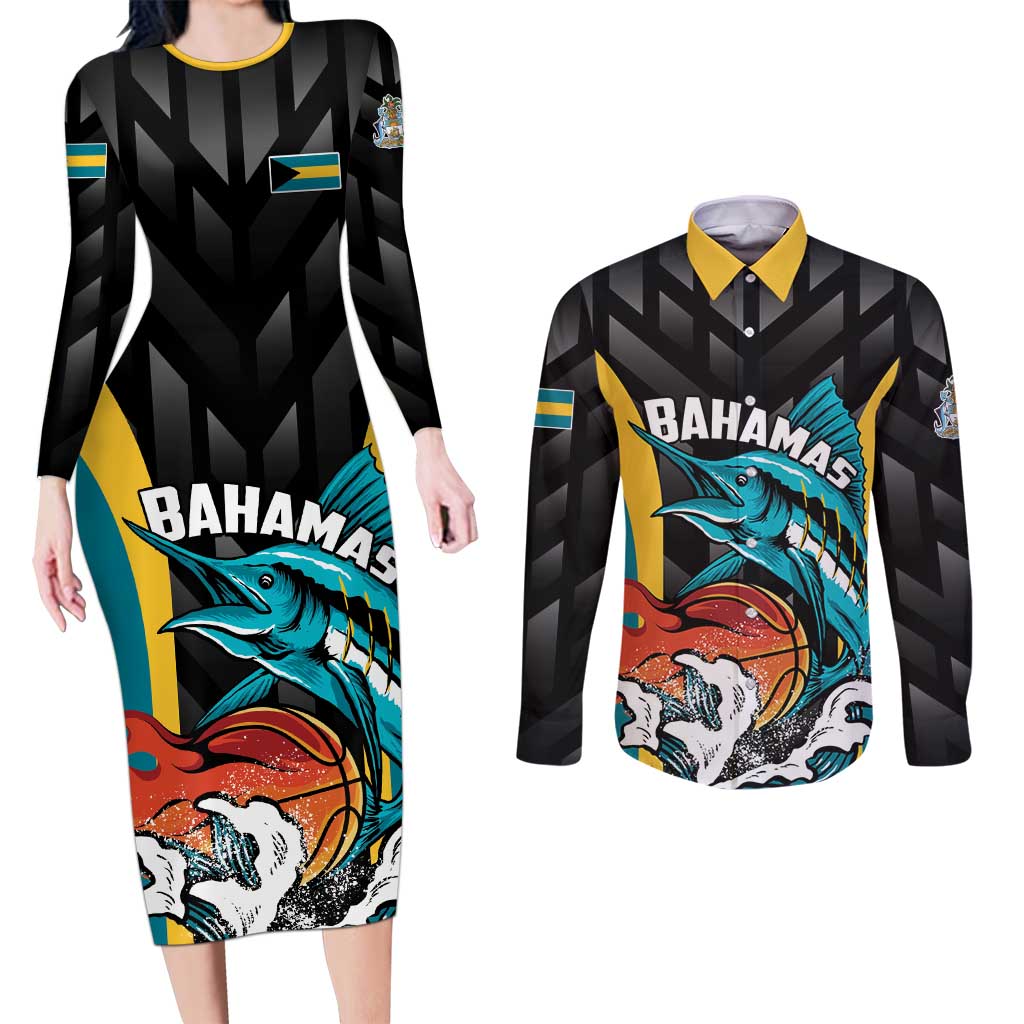Bahamas Basketball Custom Couples Matching Long Sleeve Bodycon Dress and Long Sleeve Button Shirt Team Bahamas Come On