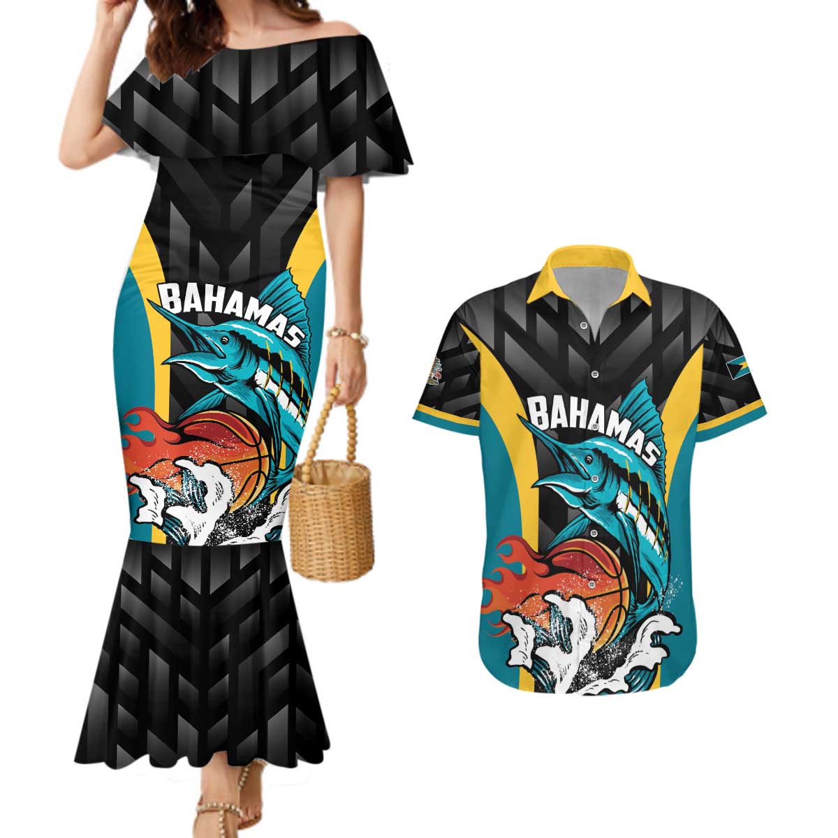 Bahamas Basketball Custom Couples Matching Mermaid Dress and Hawaiian Shirt Team Bahamas Come On