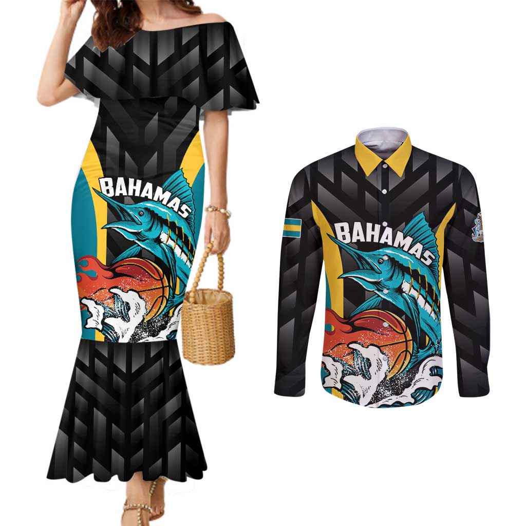 Bahamas Basketball Custom Couples Matching Mermaid Dress and Long Sleeve Button Shirt Team Bahamas Come On