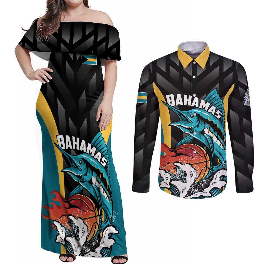 Bahamas Basketball Custom Couples Matching Off Shoulder Maxi Dress and Long Sleeve Button Shirt Team Bahamas Come On
