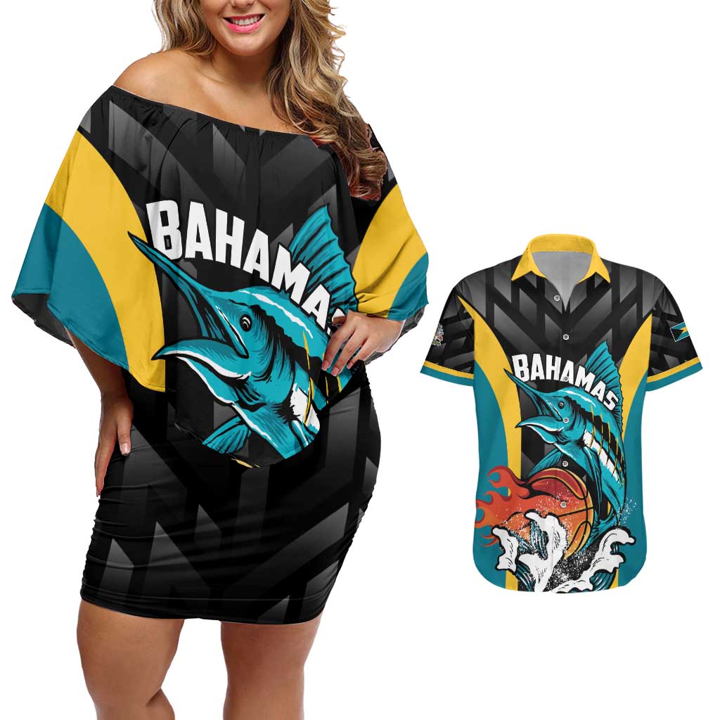 Bahamas Basketball Custom Couples Matching Off Shoulder Short Dress and Hawaiian Shirt Team Bahamas Come On