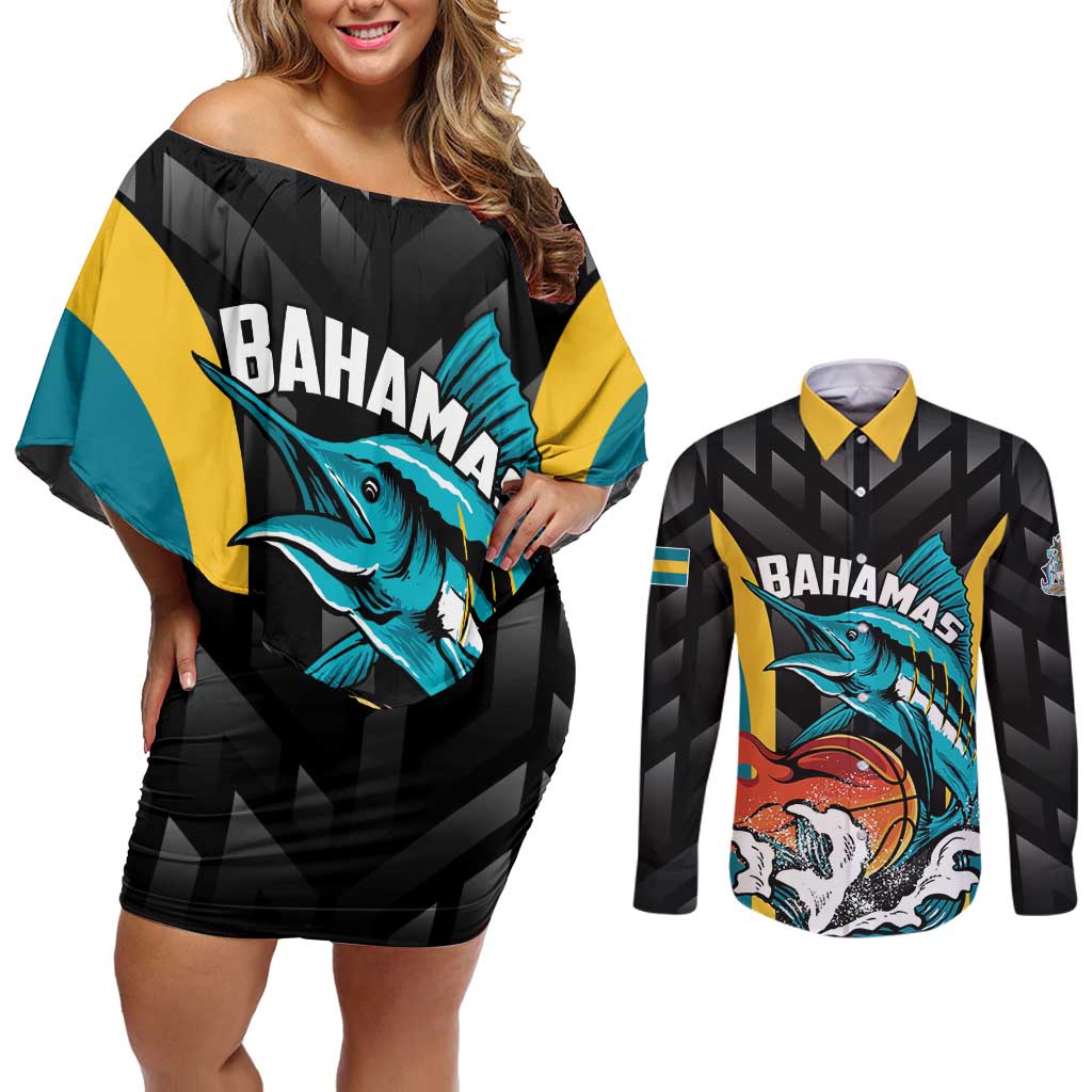 Bahamas Basketball Custom Couples Matching Off Shoulder Short Dress and Long Sleeve Button Shirt Team Bahamas Come On