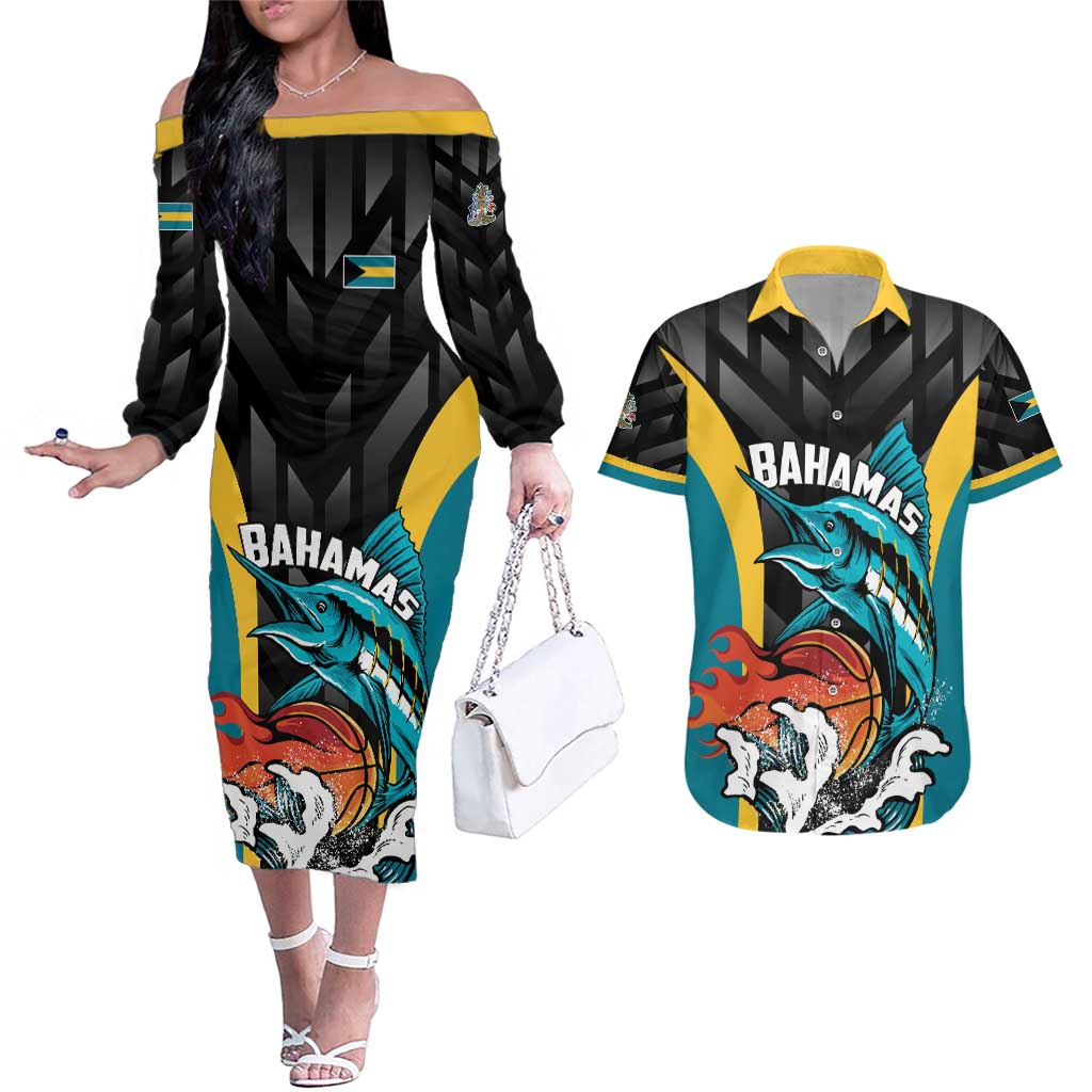 Bahamas Basketball Custom Couples Matching Off The Shoulder Long Sleeve Dress and Hawaiian Shirt Team Bahamas Come On
