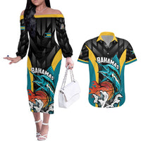 Bahamas Basketball Custom Couples Matching Off The Shoulder Long Sleeve Dress and Hawaiian Shirt Team Bahamas Come On