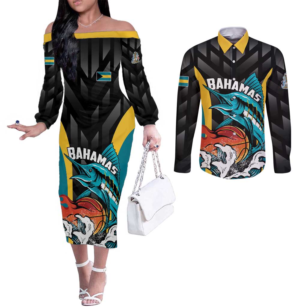 Bahamas Basketball Custom Couples Matching Off The Shoulder Long Sleeve Dress and Long Sleeve Button Shirt Team Bahamas Come On