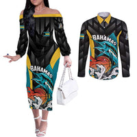 Bahamas Basketball Custom Couples Matching Off The Shoulder Long Sleeve Dress and Long Sleeve Button Shirt Team Bahamas Come On