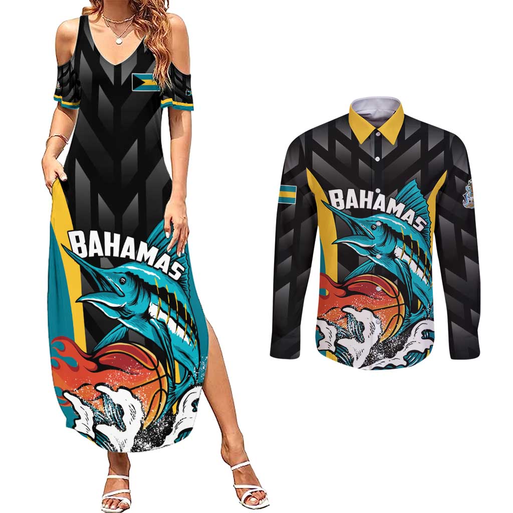 Bahamas Basketball Custom Couples Matching Summer Maxi Dress and Long Sleeve Button Shirt Team Bahamas Come On