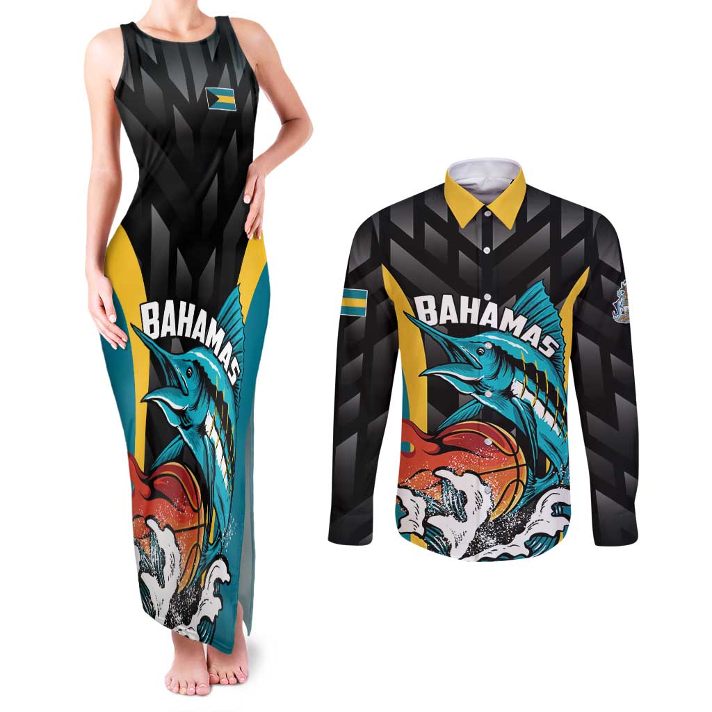 Bahamas Basketball Custom Couples Matching Tank Maxi Dress and Long Sleeve Button Shirt Team Bahamas Come On