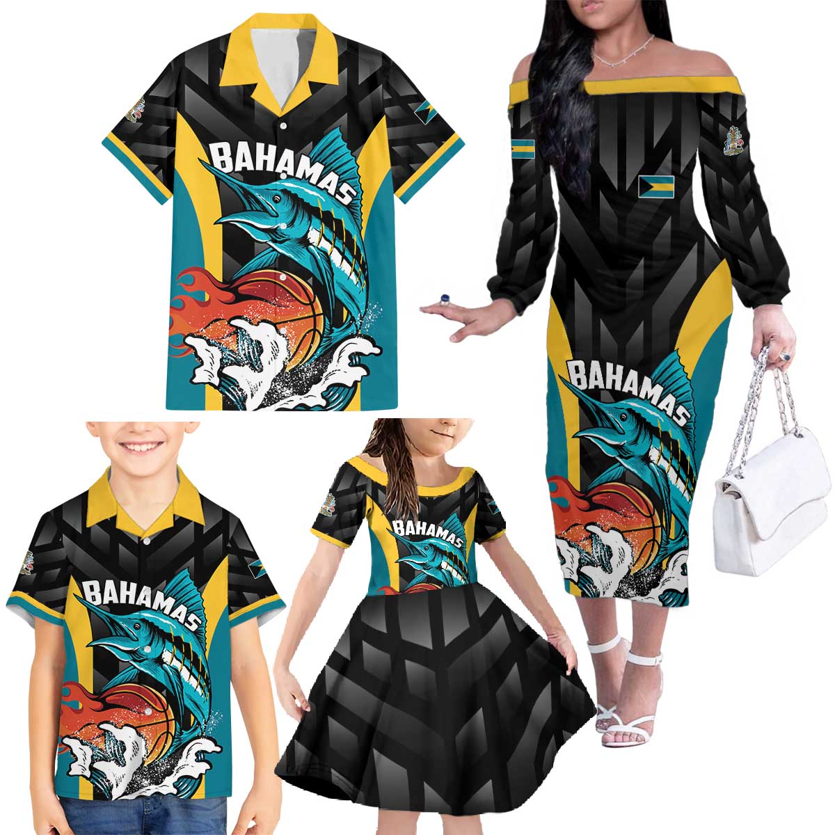 Bahamas Basketball Custom Family Matching Off The Shoulder Long Sleeve Dress and Hawaiian Shirt Team Bahamas Come On