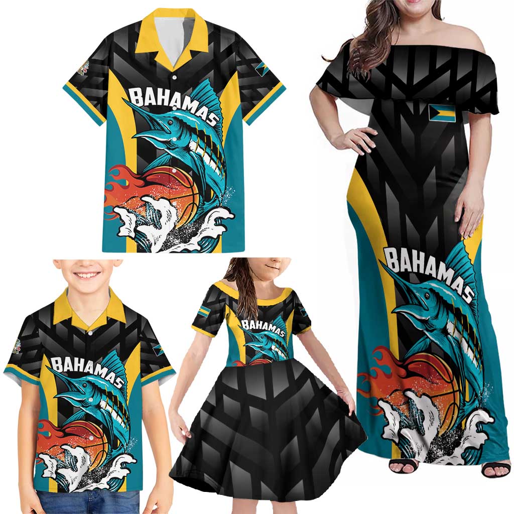 Bahamas Basketball Custom Family Matching Off Shoulder Maxi Dress and Hawaiian Shirt Team Bahamas Come On