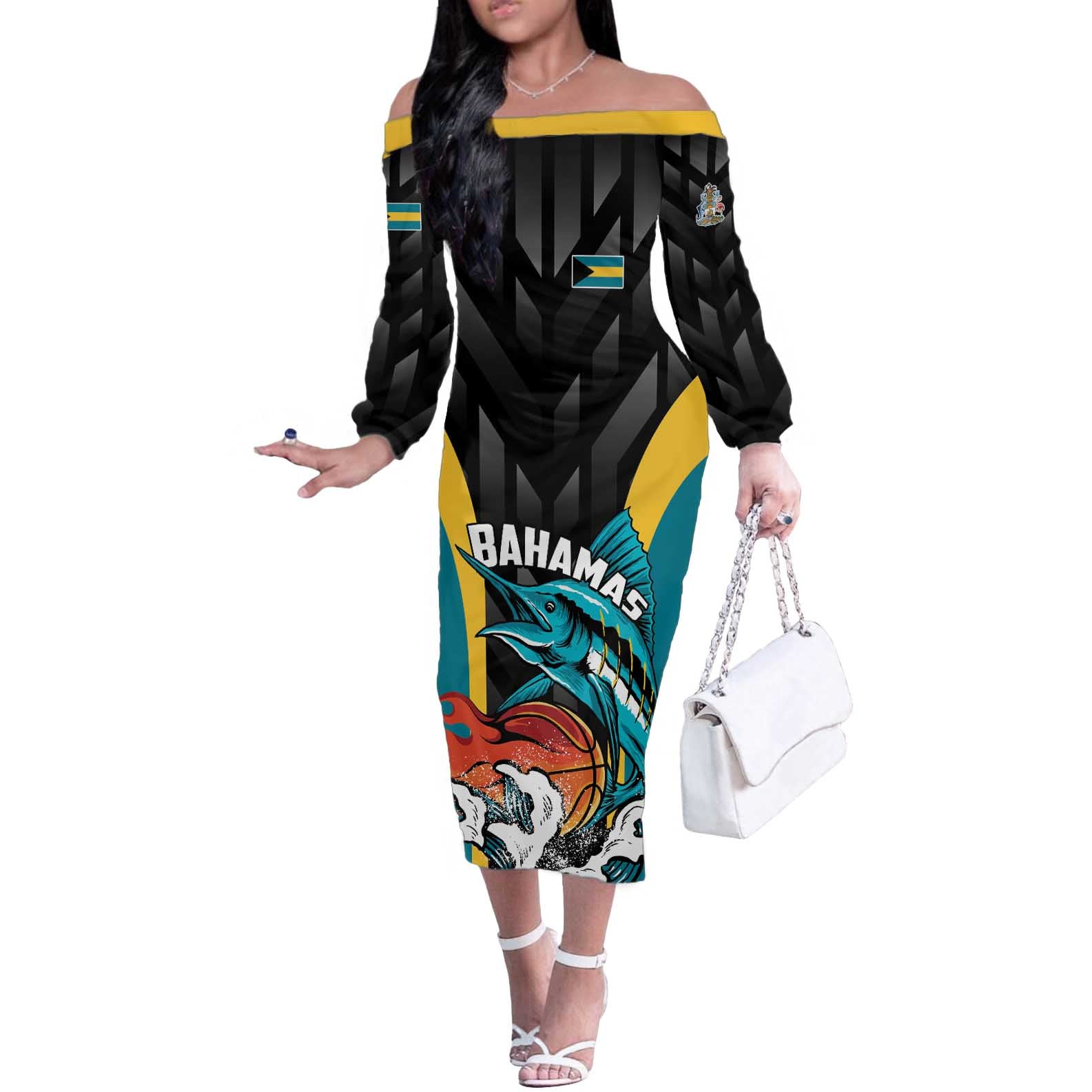 Bahamas Basketball Custom Off The Shoulder Long Sleeve Dress Team Bahamas Come On