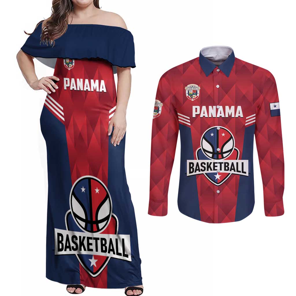 Panama Basketball Custom Couples Matching Off Shoulder Maxi Dress and Long Sleeve Button Shirt Panama Go Champion